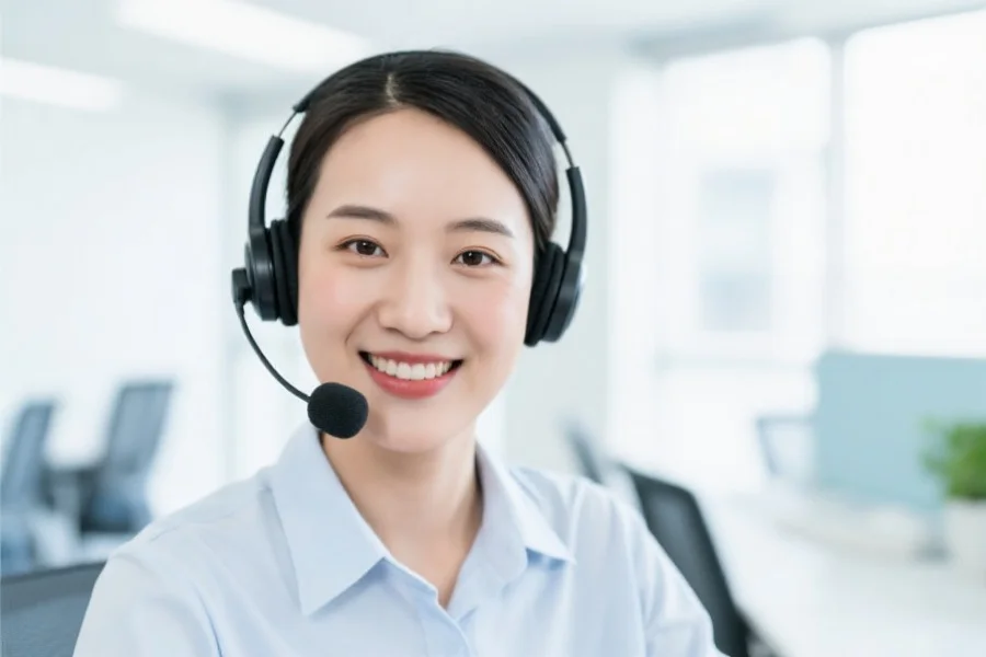 一位微笑的客服代表戴着耳机，背景为明亮整洁的办公室，展现专业服务氛围