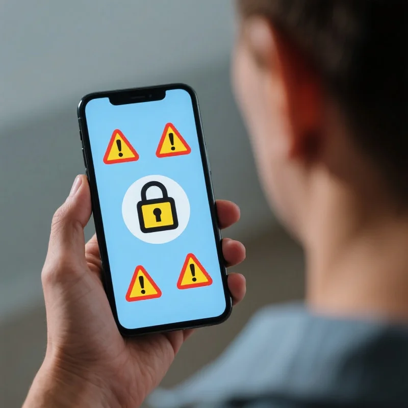 一个人正在查看智能手机屏幕,屏幕上显示警告标志和锁图标,强调网络安全意识